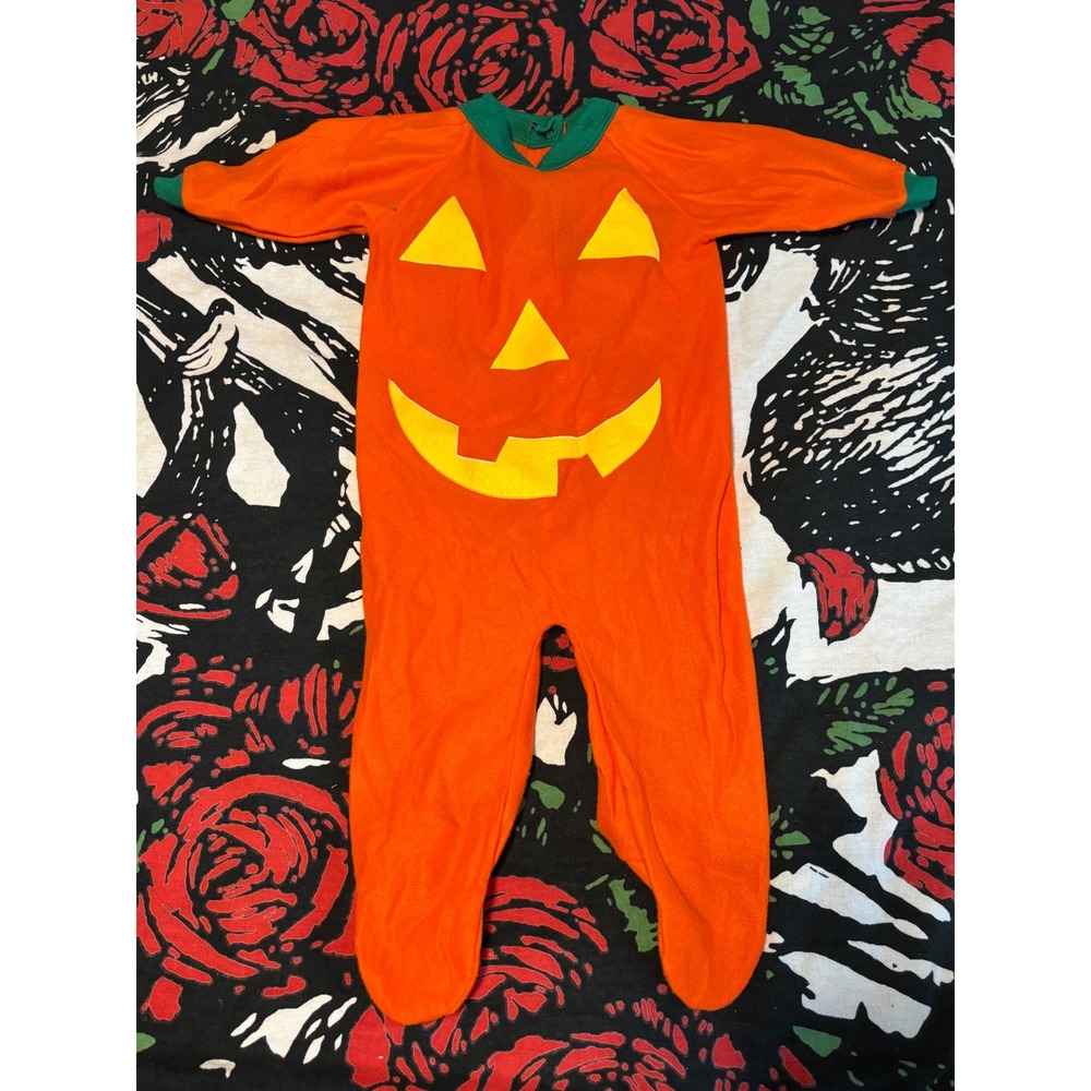 Vintage Merlins Closet Pumpkin Jack-O-Lantern Footed Sleeper Orange Green Medium